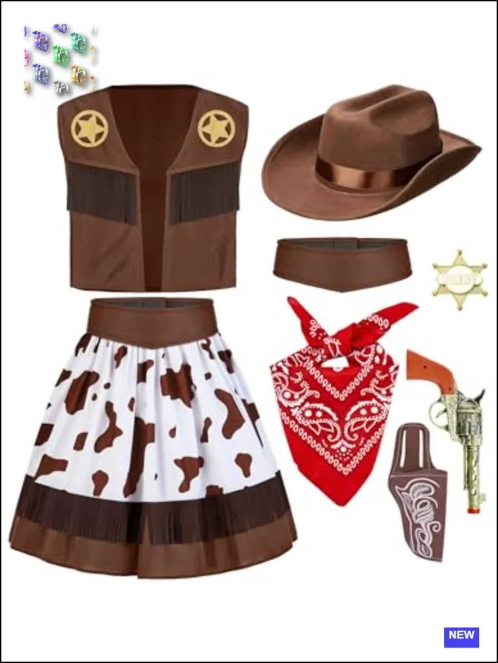 Kids Cowgirl Costume 8pc Halloween Outfit with Vest, Skirt, Hat Toddler